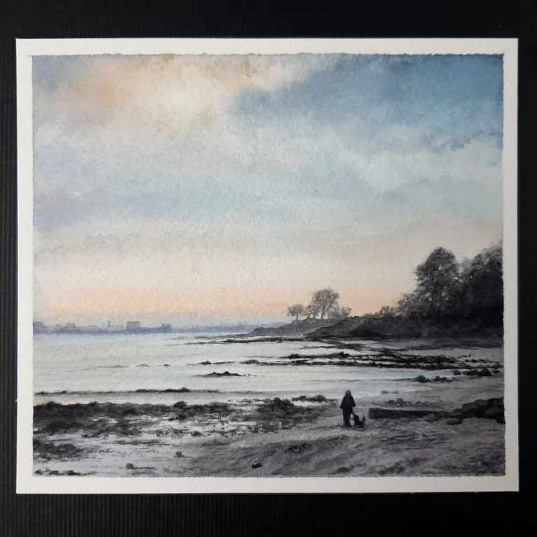 Aquarell Strand mit Hund