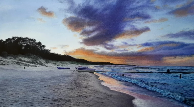Aquarell Strand Boote lila Wolken Ostsee Usedom